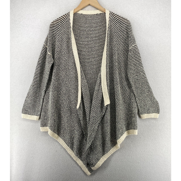 EILEEN FISHER Cardigan M Organic Cotton Boucle Striped Draped Open Front Black - Picture 1 of 9